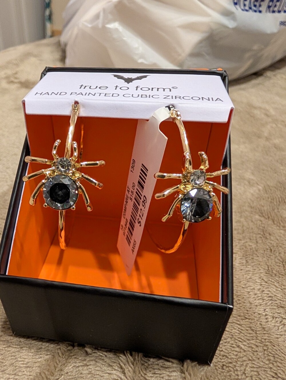 True to Form Gold Spider Hoop Earrings with Black and Clear Cubic Zirconia